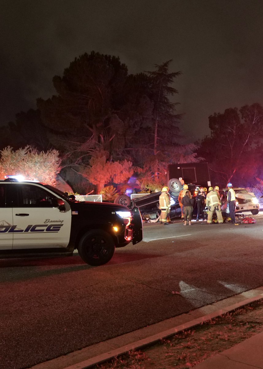 Banning Police vehicle was rear ended while providing traffic control for a Multi vehicle accident across Susan B. Coombs School off Wilson Ave. A person failed a sobriety test for the primary accident. 