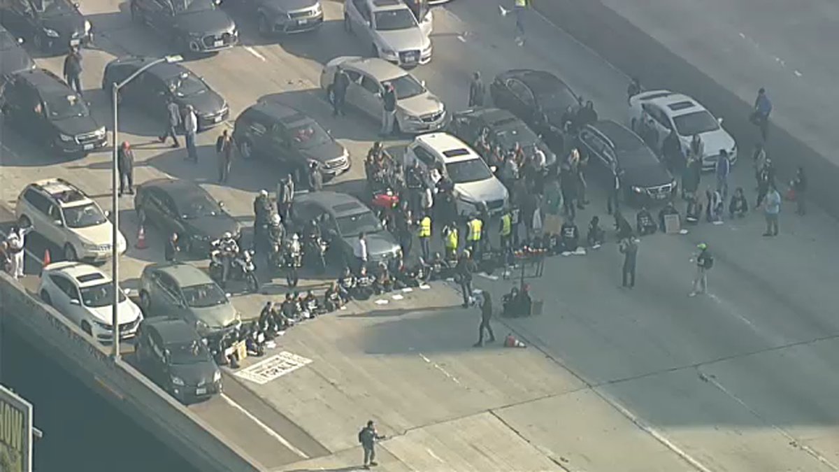 CHP officers taking protesters into custody individually on 110 Freeway in downtown L.A. All southbound lanes remain closed