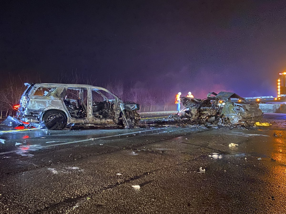 Two people are dead and two more badly hurt after a fiery head-on car crash tonight on Highway 132, just west of Gates Road, in Stanislaus County.