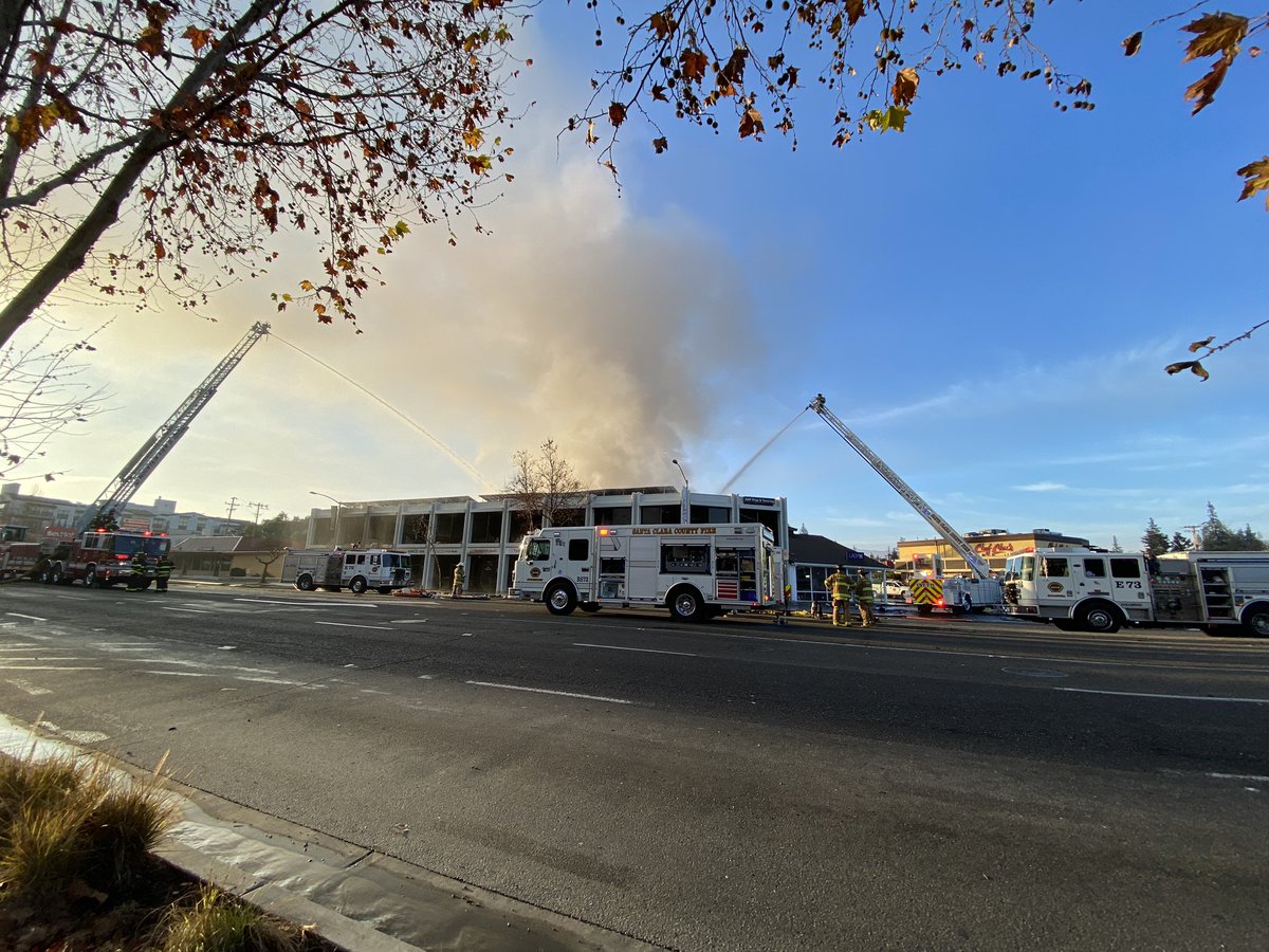 Scene of the Los Altos shopping center fire off of El Camino Real where firefighters are still putting out hot spots more than 24 hours later. Firefighters say there's a concern the building could collapse outwardly 