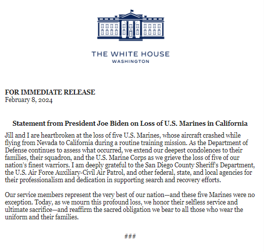 President Biden extends his condolences to the families of the five Marines whose aircraft crashed in California