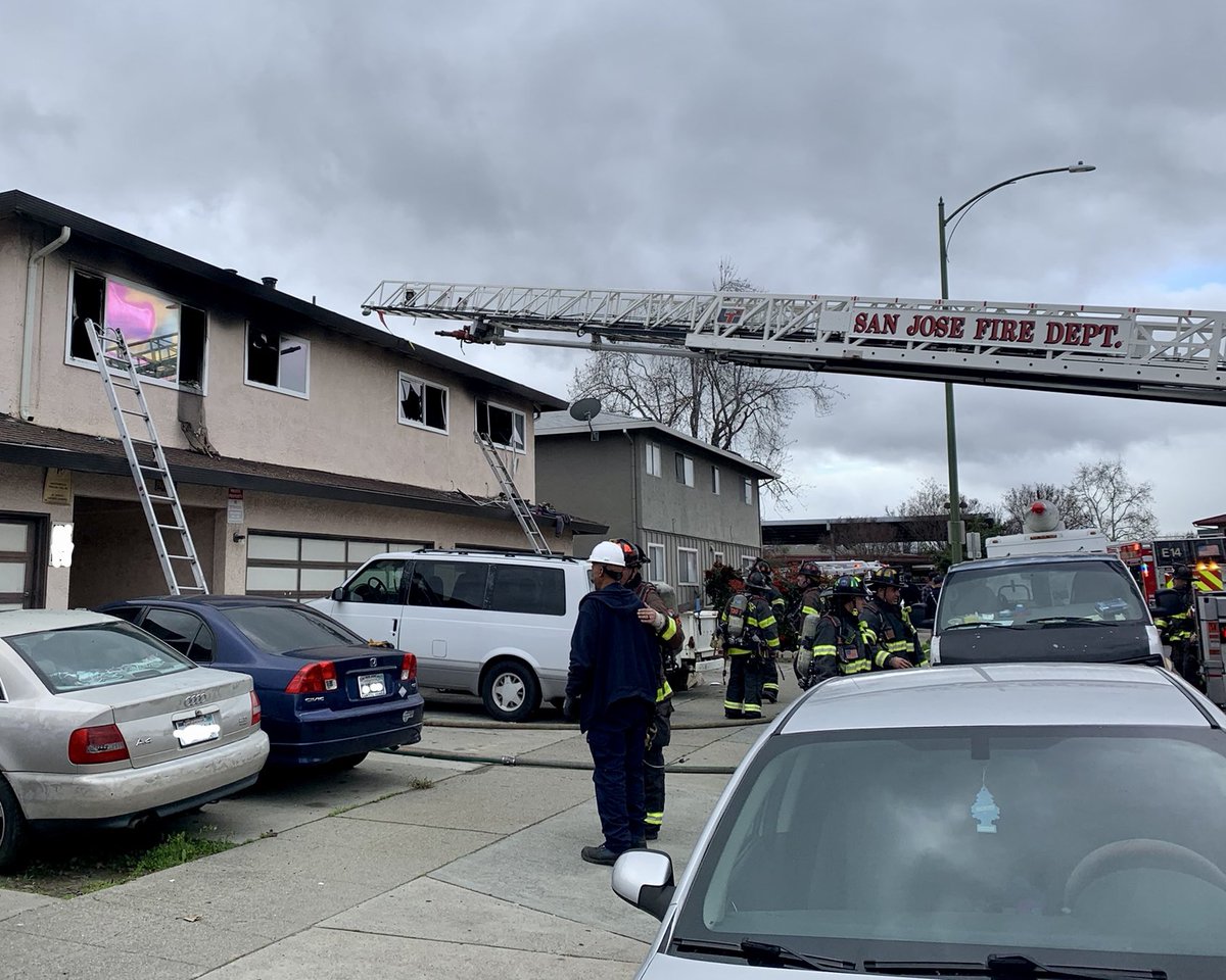 SJFD firefighters on scene of a two-alarm fire at an apartment complex on Oakmont Dr. in west San Jose. Fire under control as of 10:41am.Three residents rescued with minor injuries, no transports. Fire mostly contained to one apartment