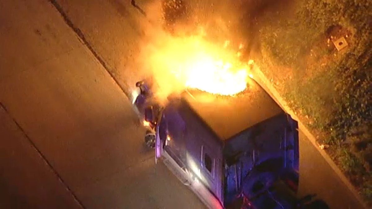 Flames engulf big rig cab as chase ends on 210 Freeway in Inland Empire, suspect taken into custody