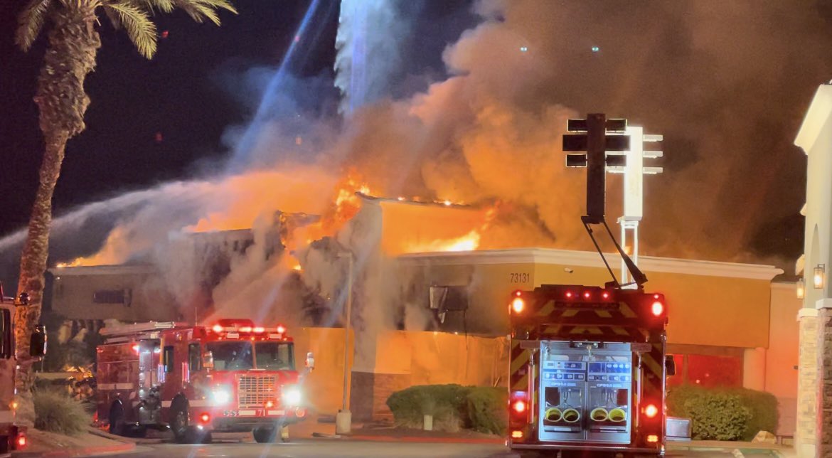 A massive fire gutted some businesses in Palm Desert overnight. No cause revealed yet. D'coffee Bouteaque, Miracle Ear and  Reverse Mortgage Works look to be destroyed. Papa Dan's Pizza damaged