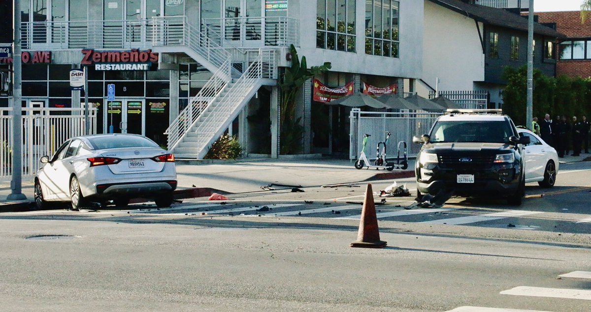 Fatal Collision   LAPD car one of three involved in accident at Santa Monica and Gower. 7 people affected, 1 pedestrian killed. West Traffic Division investigating to determine who was at fault