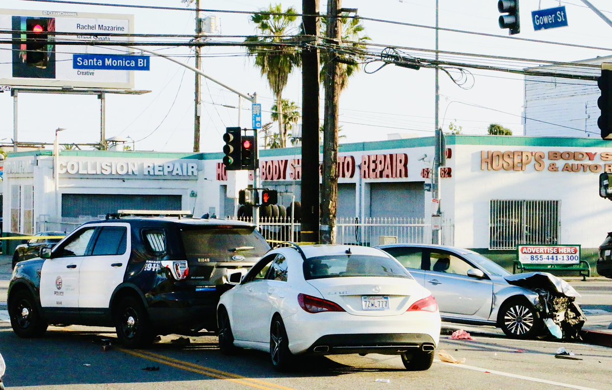 Fatal Collision   LAPD car one of three involved in accident at Santa Monica and Gower. 7 people affected, 1 pedestrian killed. West Traffic Division investigating to determine who was at fault