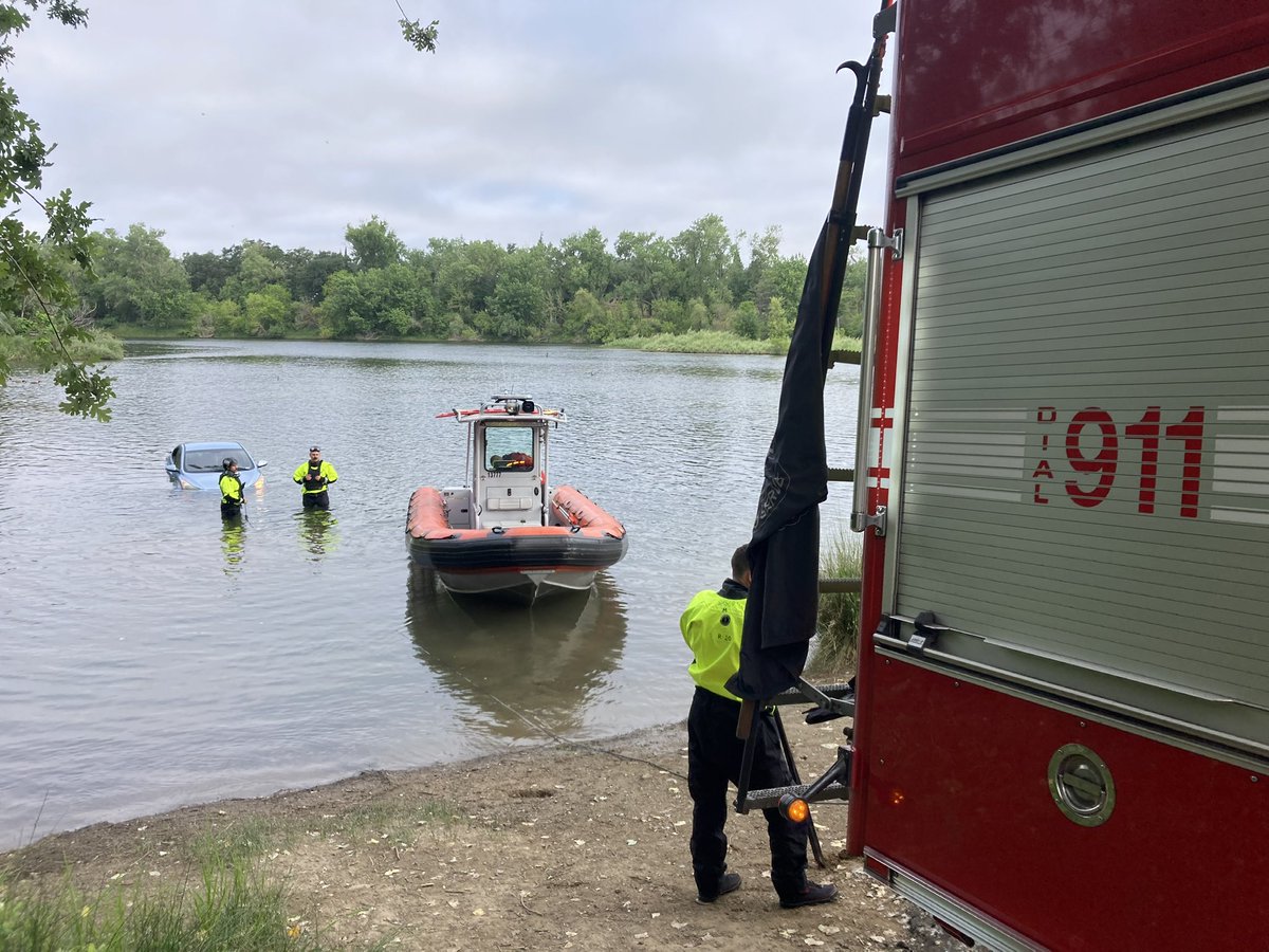 American River at La Riviera Dr. Crews located a vehicle about 200 feet out in the water that was unoccupied. Rescue 20 was able to hook the vehicle and pull it out with the assistance of Boat 8. No injuries