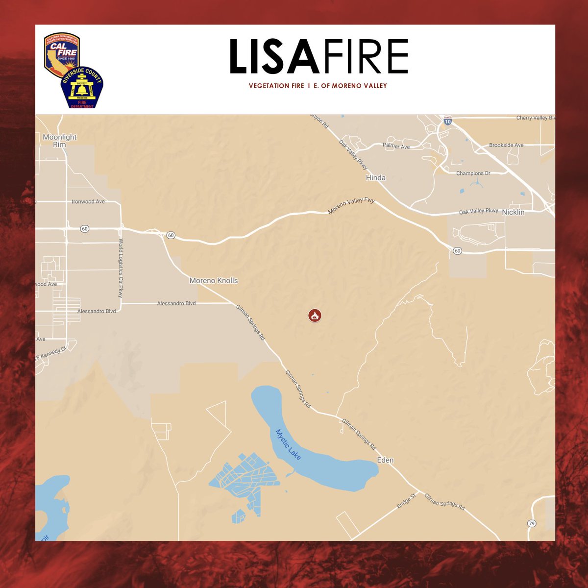 Vegetation Fire   Gilman Springs Road X Alessandro Boulevard, east of Moreno Valley. 77 acre fire burning in an area that is difficult for ground units to access. Additional aircraft have been requested. No injuries or evacuations reported