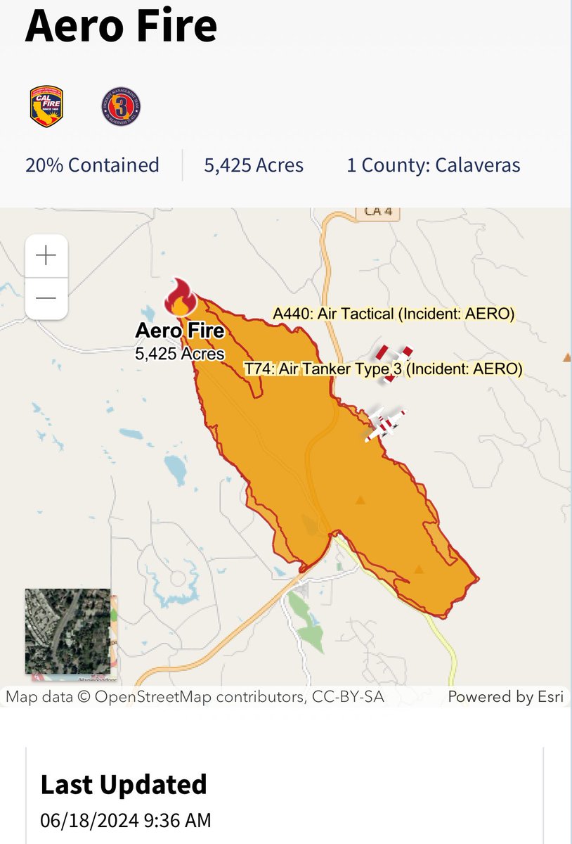 The Aero Fire in Copperopolis has burned 5, 425 acres and is 20% contained as of 9:36am this morning.