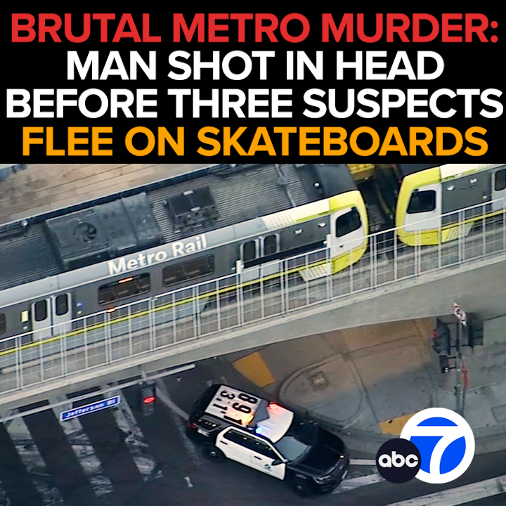 LAPD investigating a brutal murder on the Metro Gold Line (E Line). A man is shot in the head on the train near the La Cienega/Jefferson station. His killers flee on skateboards.