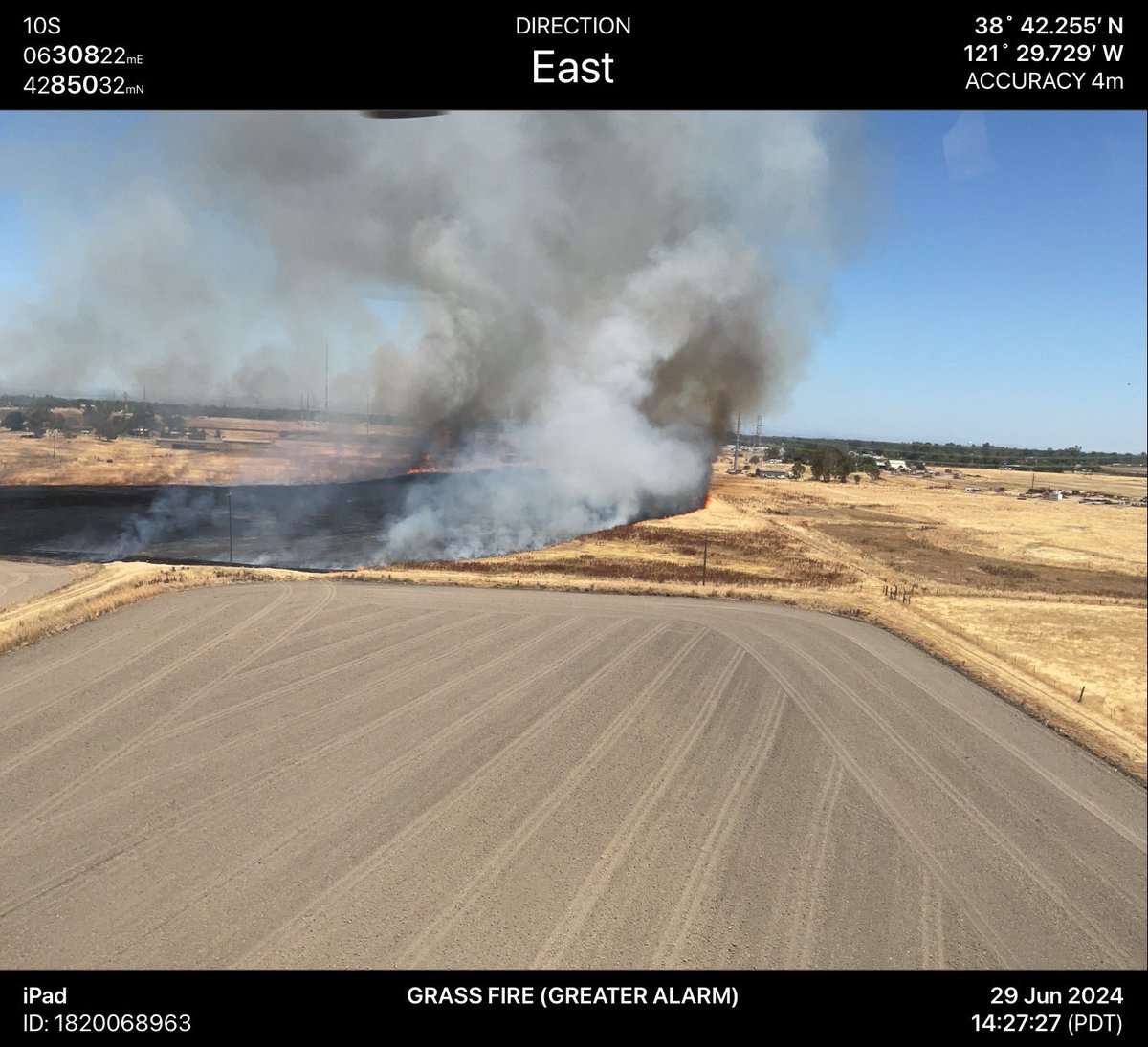 Grass Fire:7300 block of E Levee Rd. Crews arrived to a fast moving grass fire in light flashy fuels. Upon arrival, this was 1 acre fire that quickly spread to 4 acres and is still growing. Structures are threatened at this point. No injuries at this time