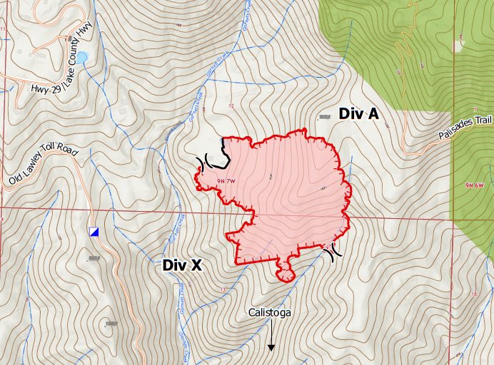 The TollFire north of Calistoga off Old Lawley Toll Rd is 20% contained. Temperatures remained in the mid-80s overnight. Control lines were wind-tested with 18-25 mph gusts, but firefighters held the fire in its current footprint at 40.6 acres