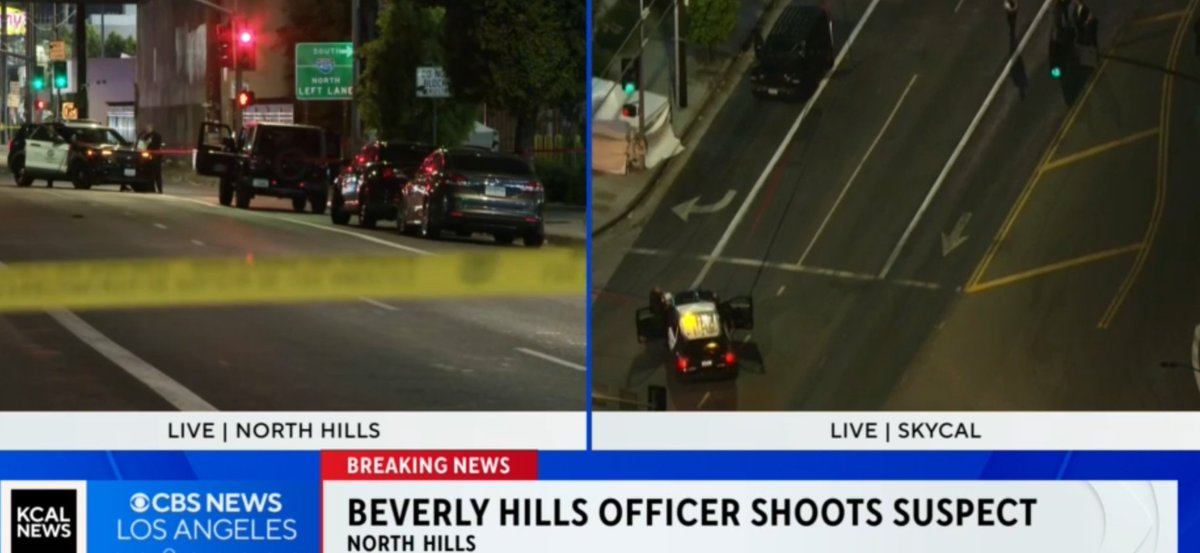 LAPD West VAlley Beverly Hills PD off duty officer was involved in a shooting. The off duty officer encountered a fight between two men, one with a pipe and one with a handgun. The off-duty officer shot and killed the suspect with the handgun