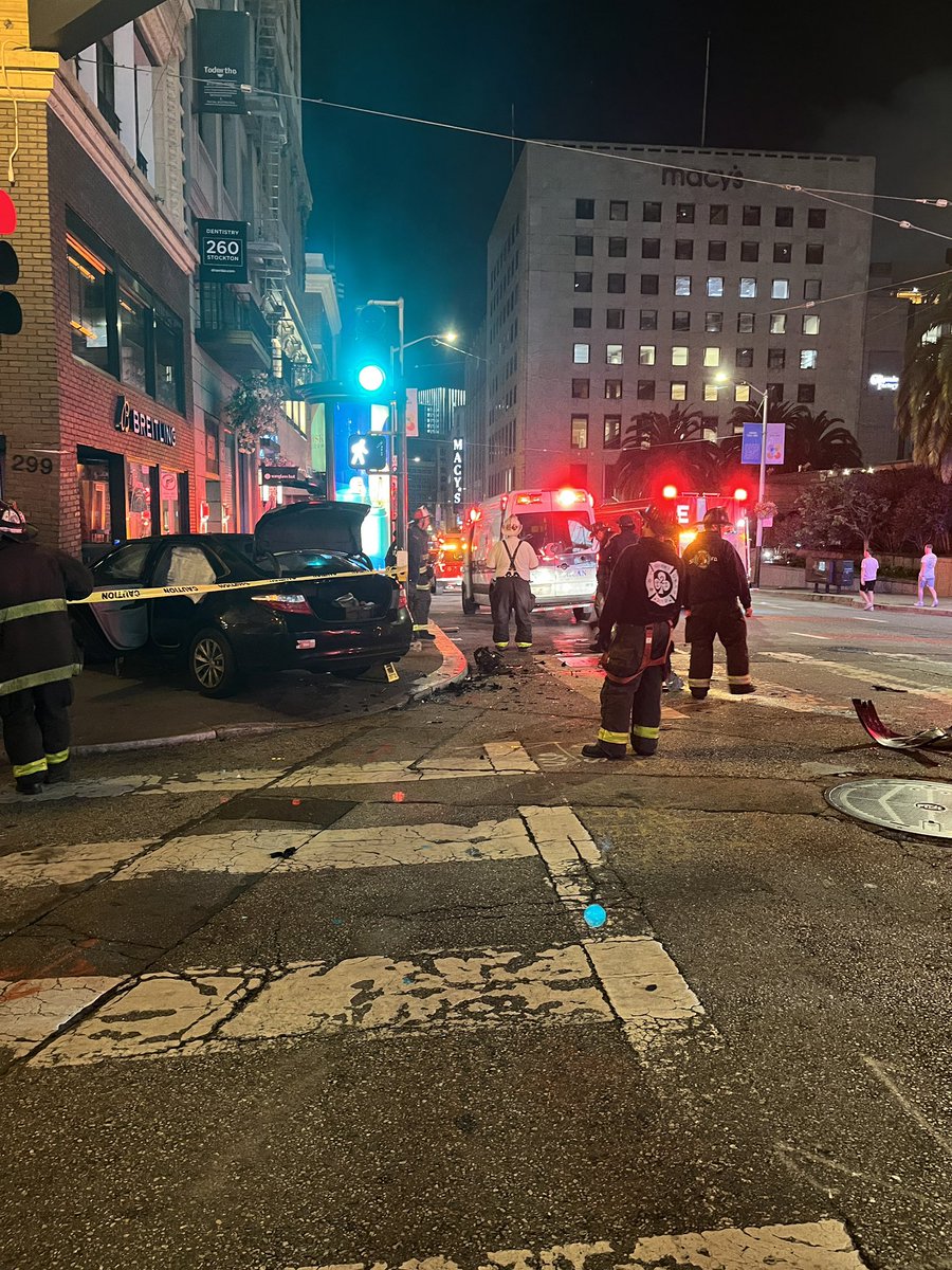 SFFD tends to passengers of a single vehicle into a building at the corner. 4 of the 5 will be taken to local hospitals with non life threatening injuries.No ETA of when the intersection will reopen. SF Building inspectors are also responding