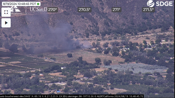 @CALFIRESanDiego is at scene of a vegetation fire near the 14700 block of Highway 76 in the community of Pauma Valley. The fire is currently two acres with the potential to grow to 25 acres. There is a structure threat ahead of the fire. Air and ground resources are on scene 