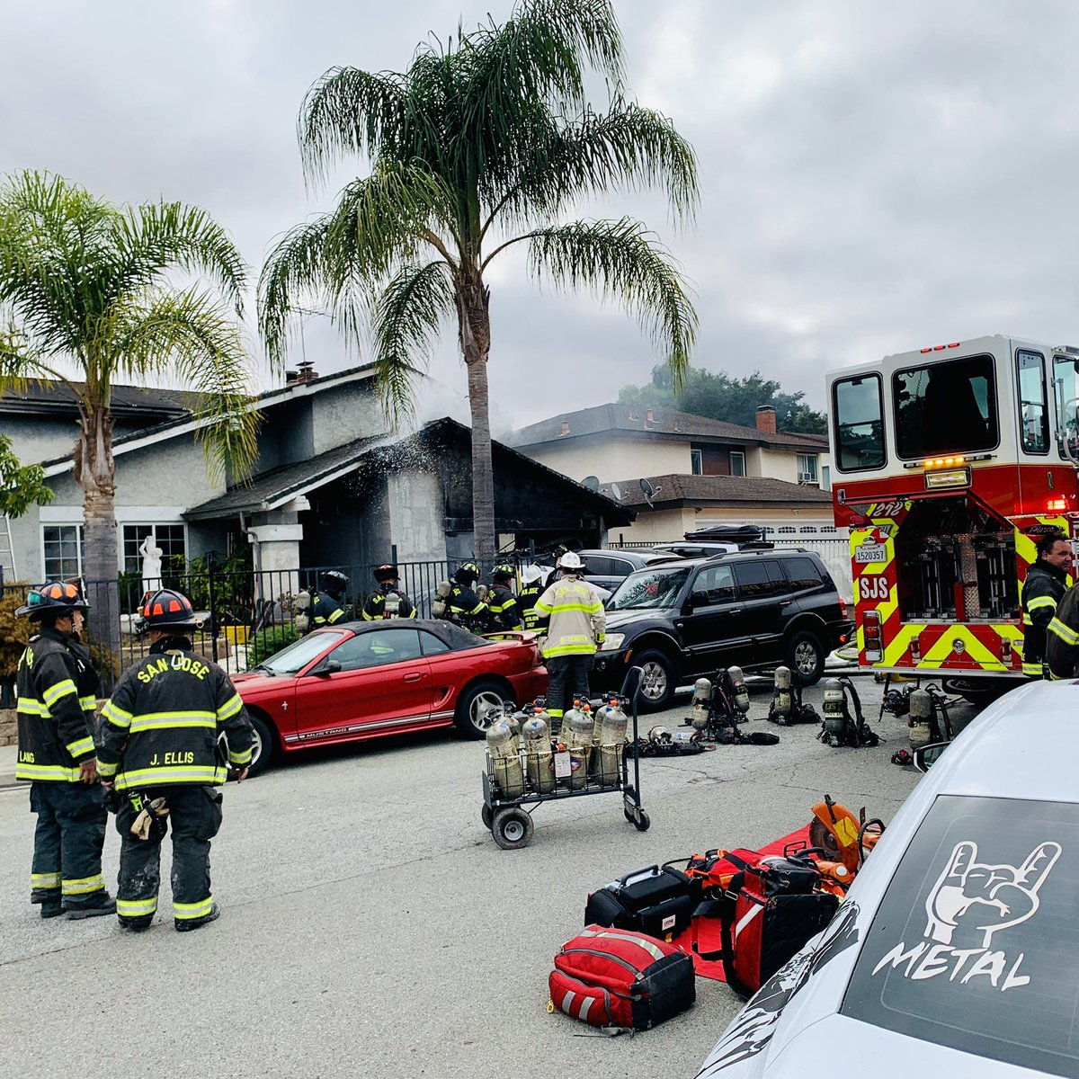 SJFD firefighters are on scene of a second alarm assignment at a residential structure on the 5500 block of Century Manor Ct in South San Jos. One firefighter transported with burn injuries. One cat alert and meowing after oxygen mask. 