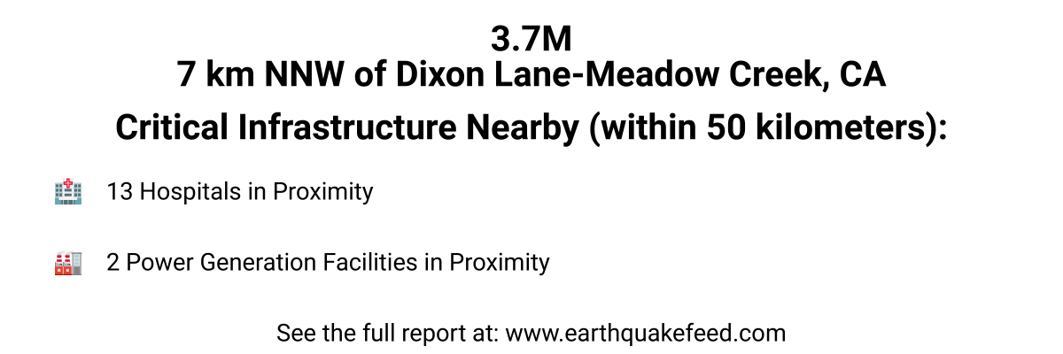 A 3.7 magnitude earthquake occured at 7 km NNW of Dixon Lane-Meadow Creek, CA.