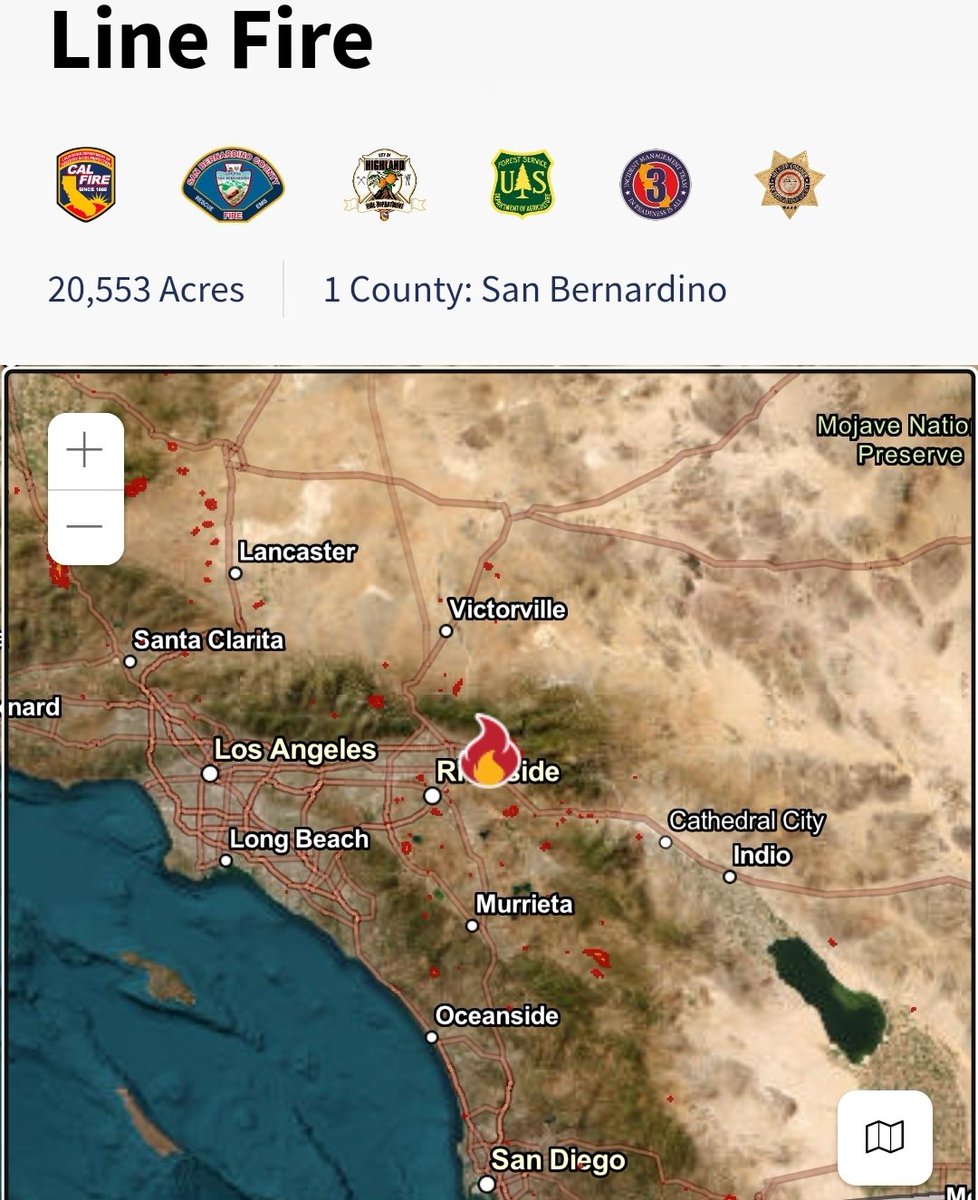 LineFire Highland, Southern California in San Bernardino County.  20,553 acres burnt. More than 36,000 homes and structures threatened. 0% containment 