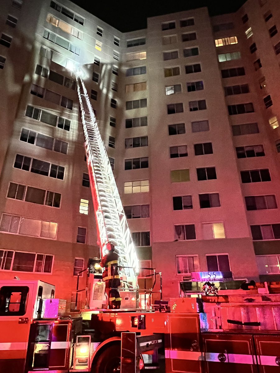 Crews have located and extinguished the fire on the 9th floor. We are checking for fire extension. The 13-floor Highrise has been evacuated, and a shelter-in-place refuge has been established on the 10th floor (Firefighters on the floor). No injuries or rescues were  