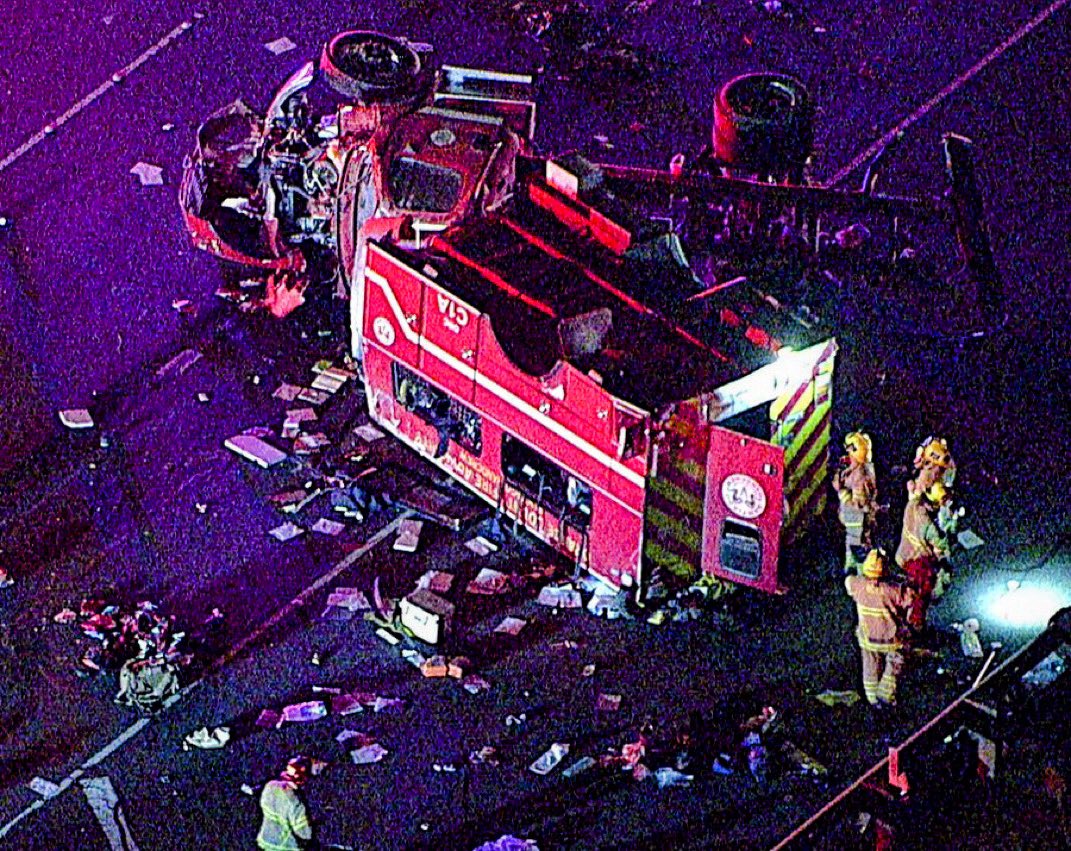 Irvine California Authorities are investigating a major crash involving an Orange County Fire Authority vehicle, resulting in a closure of the northbound 241 Freeway in Irvine.This is near the AirportFire, where a wild land firefighter transport vehicle, carrying as many as a dozen FFs, has been involved in a horrific crash. Several medical helicopters have airlifted multiple patients.