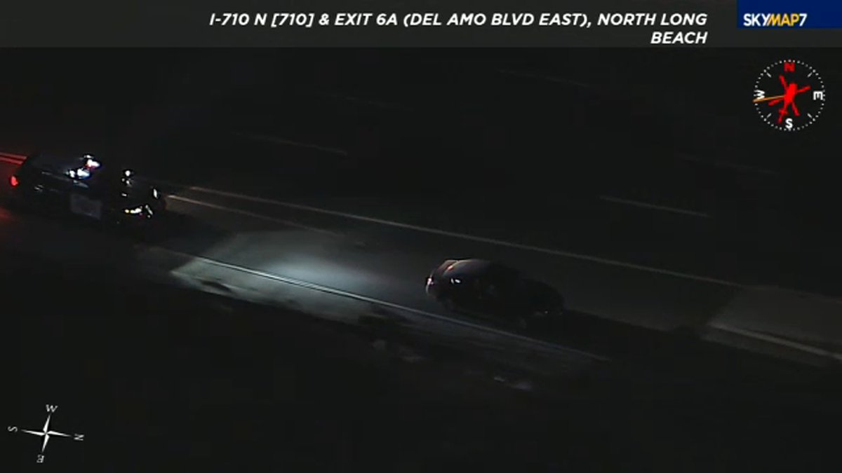 At least two carjacking suspects in Nissan driving with headlights off in Long Beach area  CHP units are chasing armed carjacking suspects in Los Angeles County