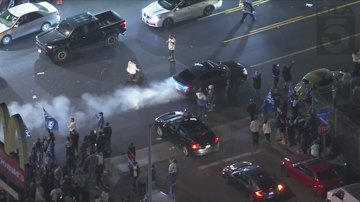 Celebrations take over the streets of L.A. after the Dodgers captured the World Series title, coming from behind to beat the New York Yankees 7-6 in Game 