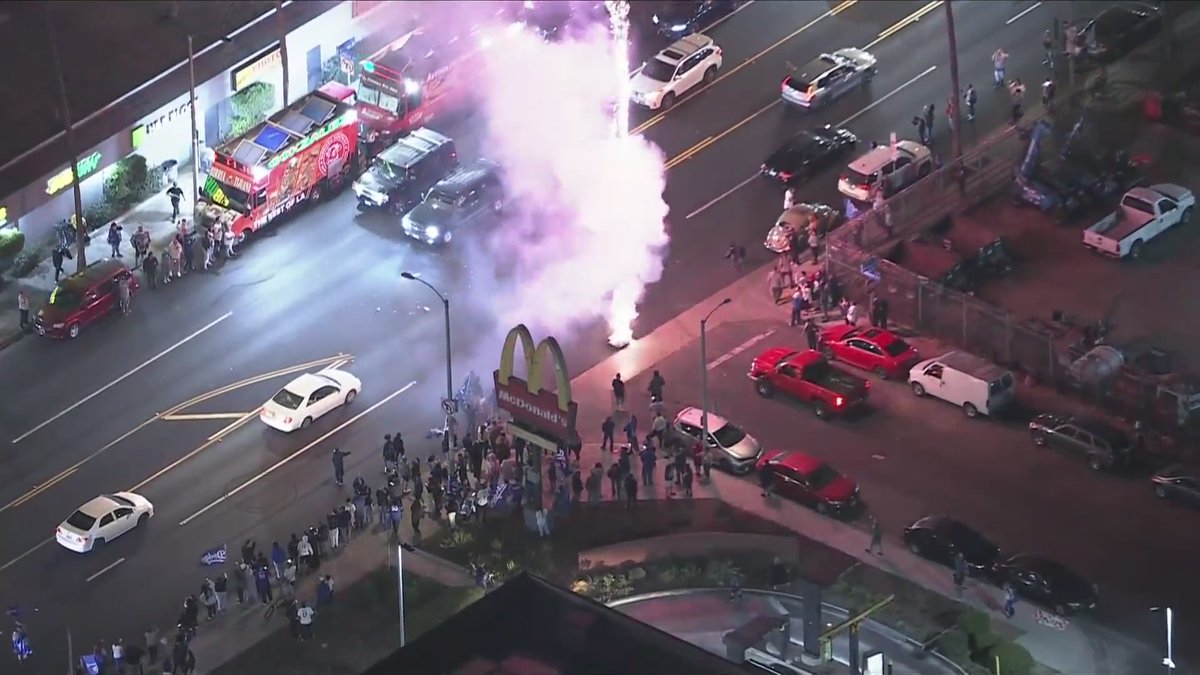 Celebrations take over the streets of L.A. after the Dodgers captured the World Series title, coming from behind to beat the New York Yankees 7-6 in Game 