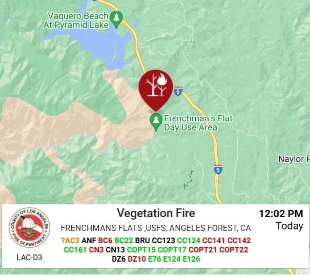 FIRE now burning off the 5 fwy, south of Pyramid Lake. FrenchmanFire now at 50 acres but potential for much more