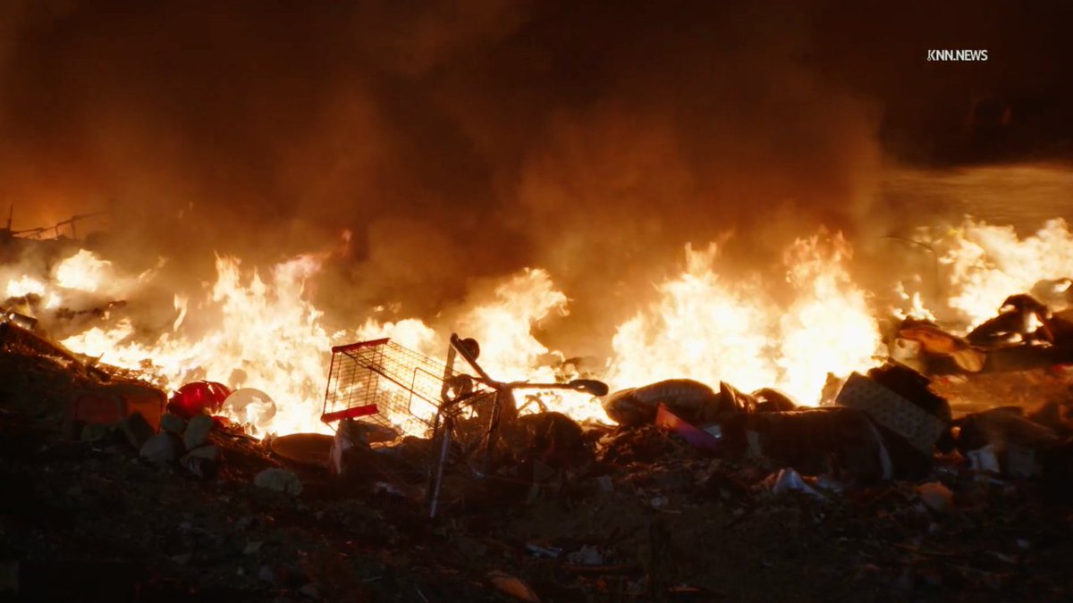 Homeless encampment erupts in flames under 170 Freeway in Los Angeles