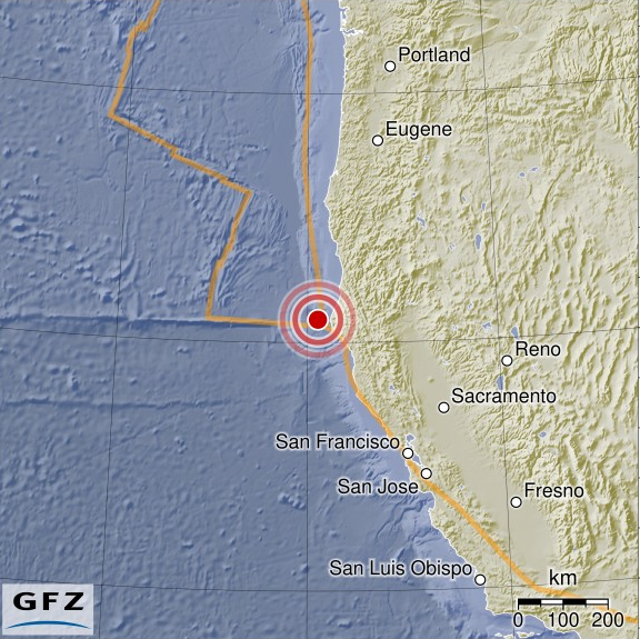 Epicenter of 7.0-magnitude earthquake off the coast of Northern California. Tsunami warnings in effect