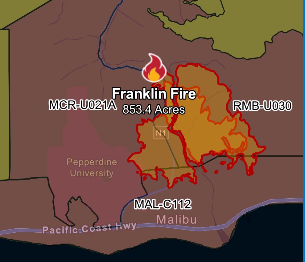 The FranklinFire in Malibu has been mapped at 853 acres, according to @LACoFDPIO