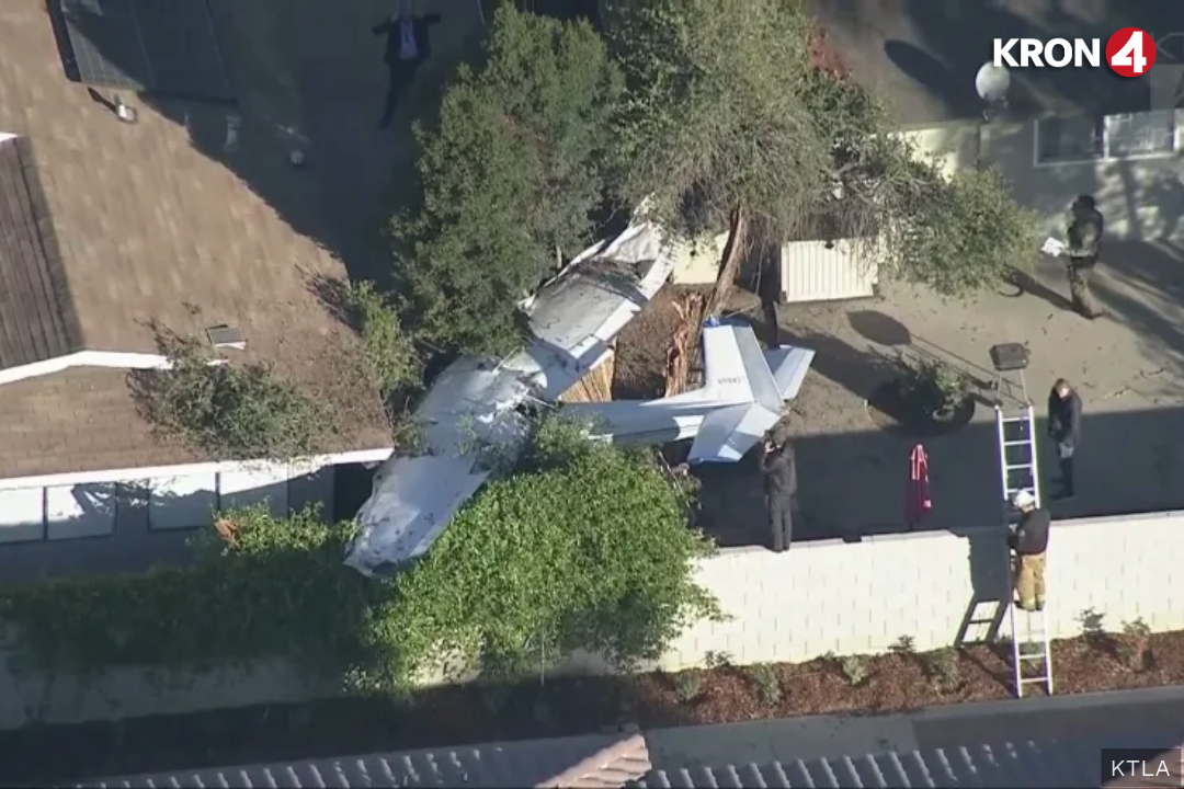 A plane crashed into a home’s backyard east of Los Angeles on Monday morning