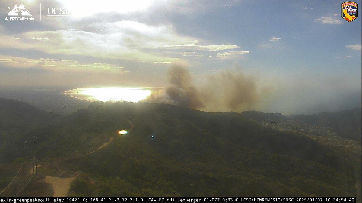 PalisadesFire From Copter 2 The Fire is 10 acres, Potential for 200 acres, Aligned with winds, Structures are immediately threatened.