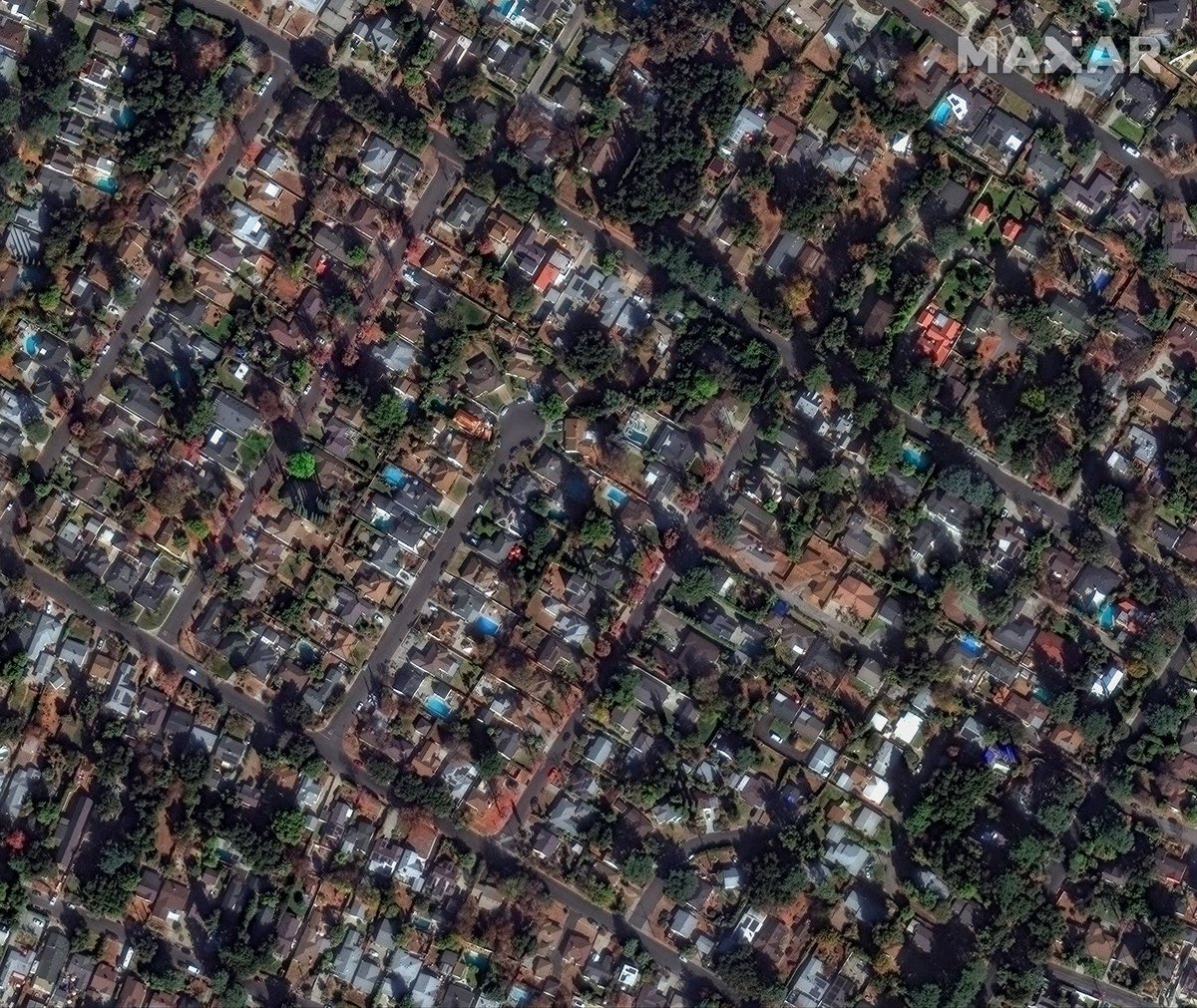 Before/After satellite photos reveal devastation caused by the Eaton Fire in Altadena, Los Angeles County California. Maxar