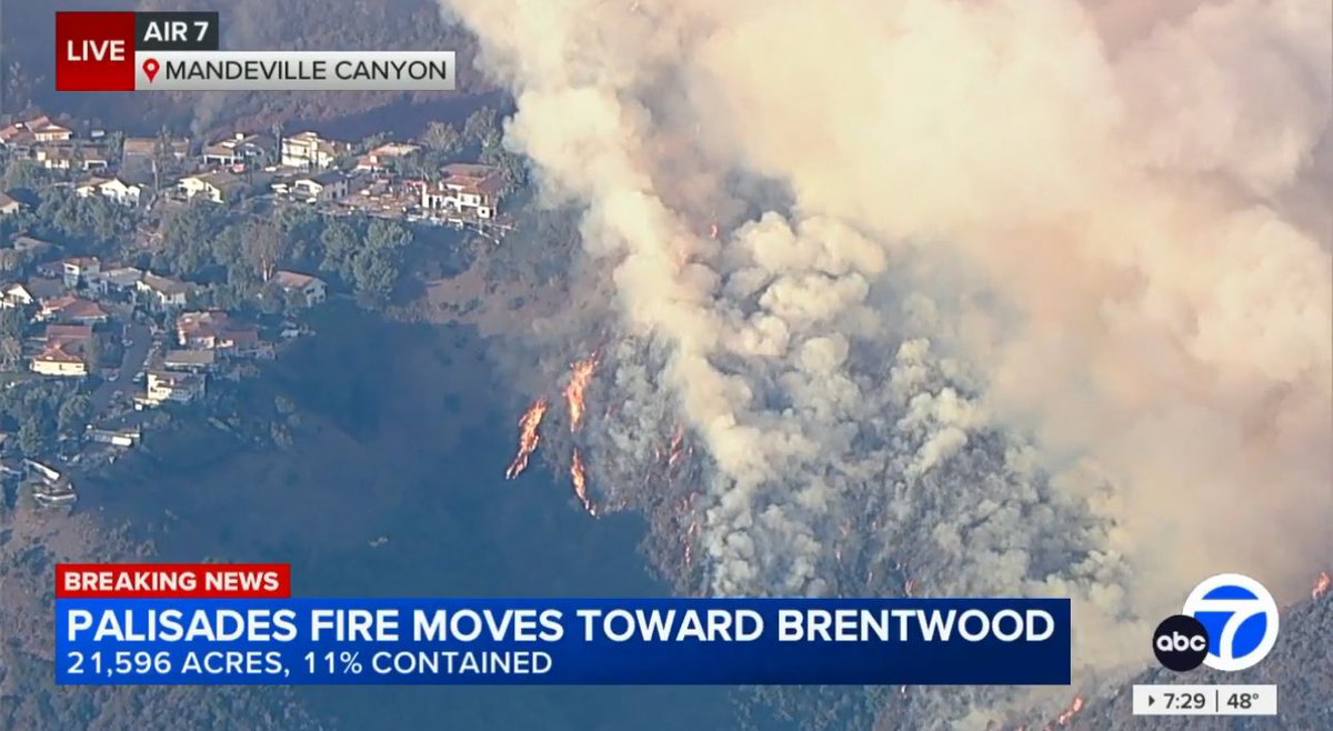 AIR7 showing the Palisades fire has begun to burn structures on the west end of Mandeville Canyon Rd in the hills of Brentwood. Water drops have been happening non stop in the area.