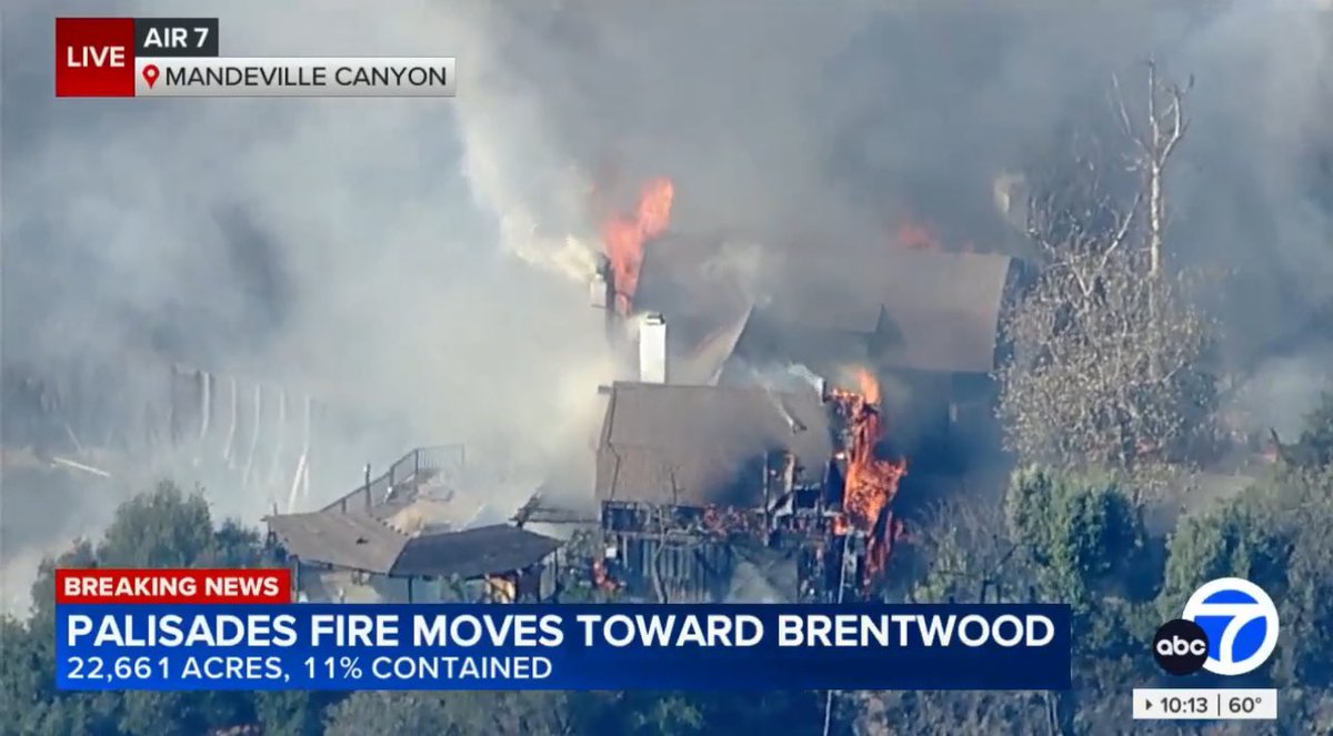 AIR7 showing the Palisades fire has begun to burn structures on the west end of Mandeville Canyon Rd in the hills of Brentwood. Water drops have been happening non stop in the area. 