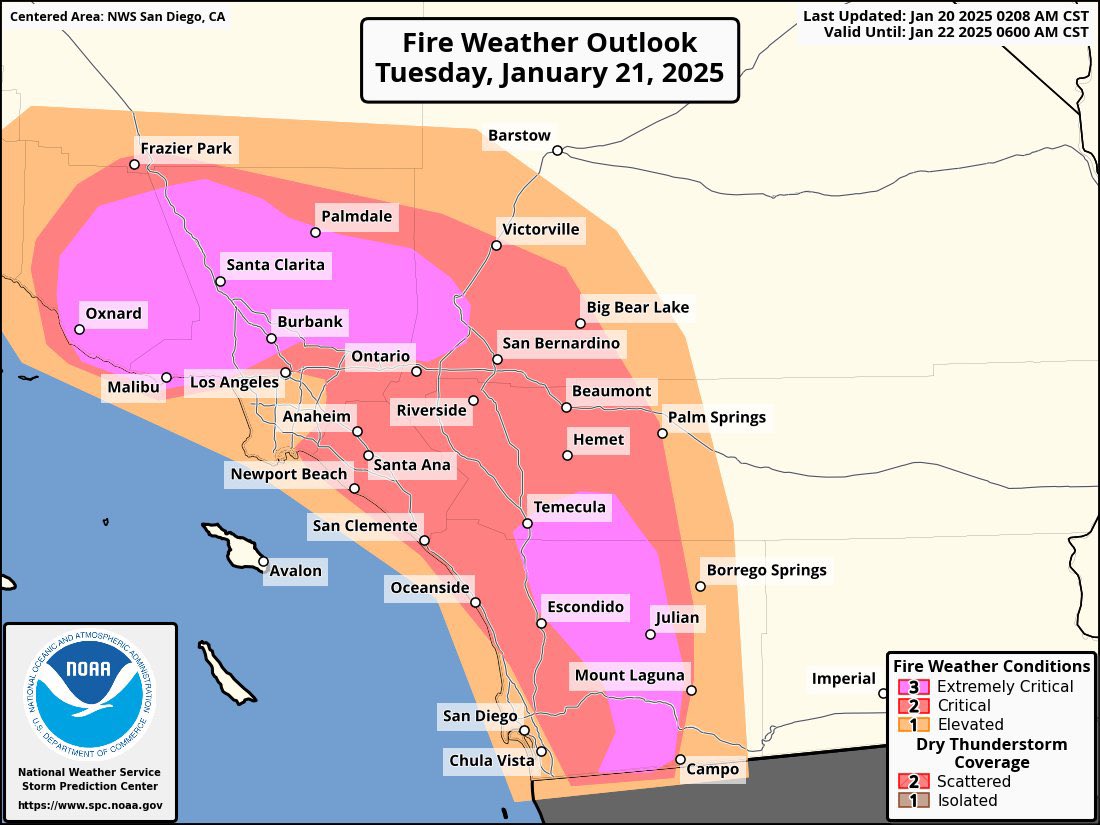 across Southern California, with PDS (Particularly Dangerous Situation) Red Flag Warnings in effect due to critical fire weather conditions.Strong Santa Ana winds, with gusts exceeding 60-70 mph in some areas,