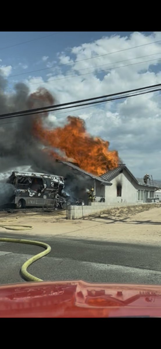 San Bernardino County Fire Protection District responded to multiple 911 calls reporting a garage fire on the 17700 block of Hercules Street in Hesperia. First-arriving fire crews encountered a fully involved attached garage of a single story home that had spread to an adjacent motorhome.