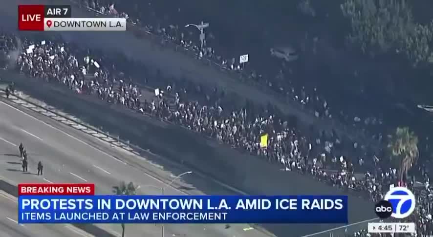 The California Highway Patrol's Special Response Team (CHP-SRT) has arrived at the site of the demonstration on the 101 Freeway, deploying tear gas and other less-lethal means to clear the crowd from the highway and onto a nearby exit ramp in Downtown Los Angeles. 