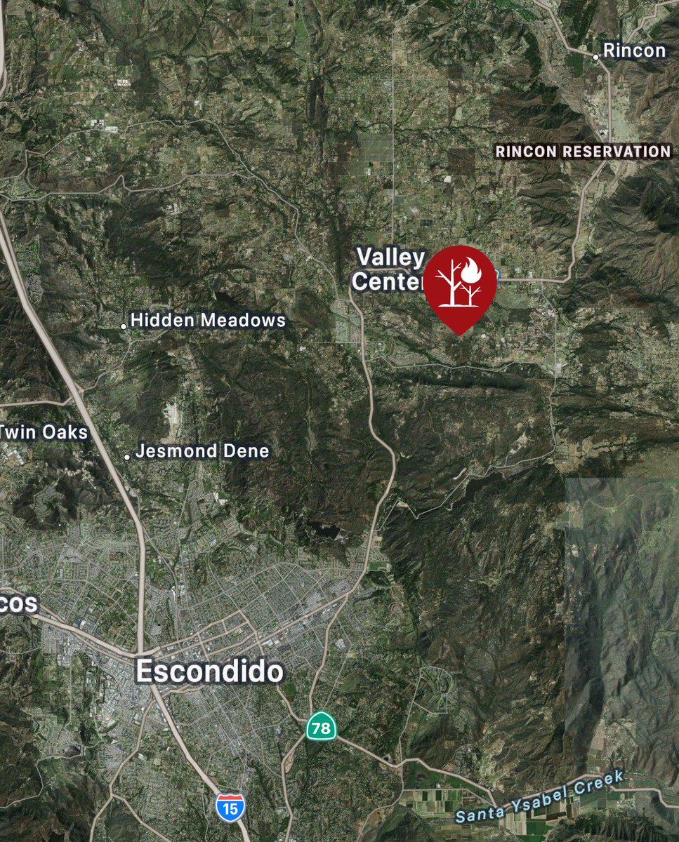 @CALFIRESANDIEGO is at scene with cooperators of a vegetation fire near Cool Water Ranch Road x Quiet Place in Valley Center. Fire is 2 acres, slow spread burning in light fuels