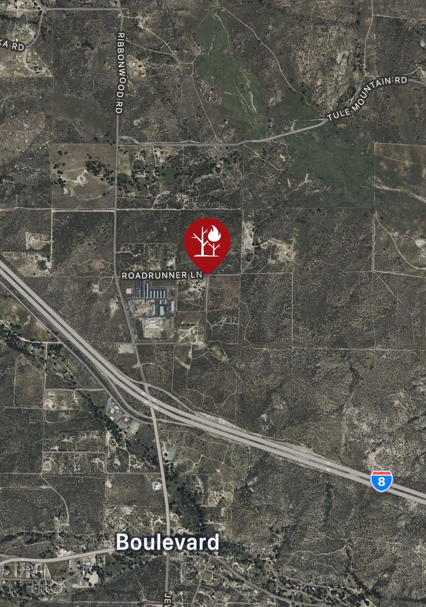 @CALFIRESANDIEGO is at scene of a vegetation fire near Roadrunner Lane and Moonlit Trail in Boulevard. Fire is 10 acres, moderate rate of spread with immediate structure threat