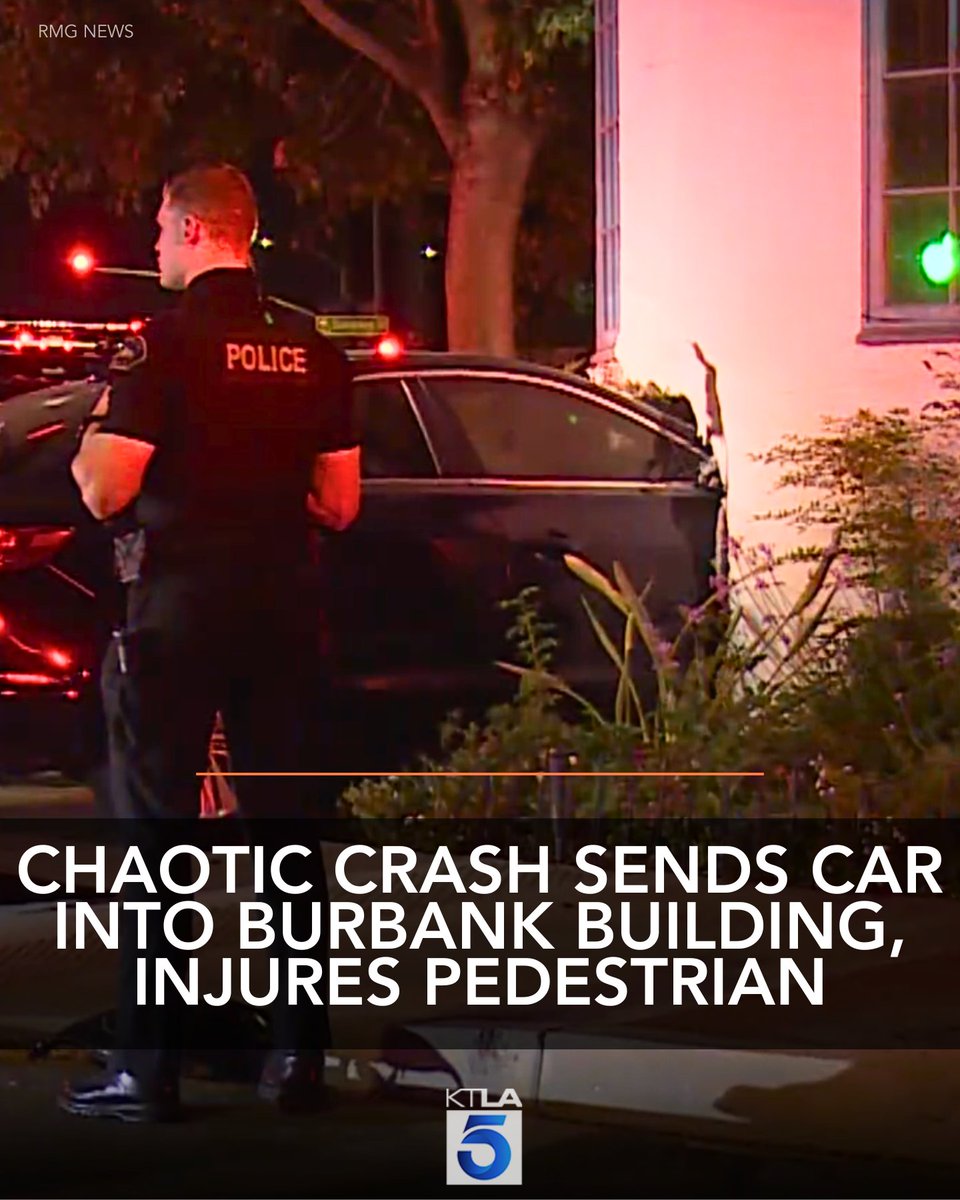 A messy two-vehicle crash left a pedestrian in critical condition and one car stuck into the side of a building in Burbank, police confirmed Friday morning