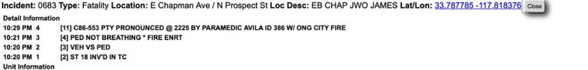 Orange city PD and Orange City Fire responded to a vehicle vs Pedestrian accident in the city of Orange. It appears as though and OCSD cruiser struck and killed a pedestrian.