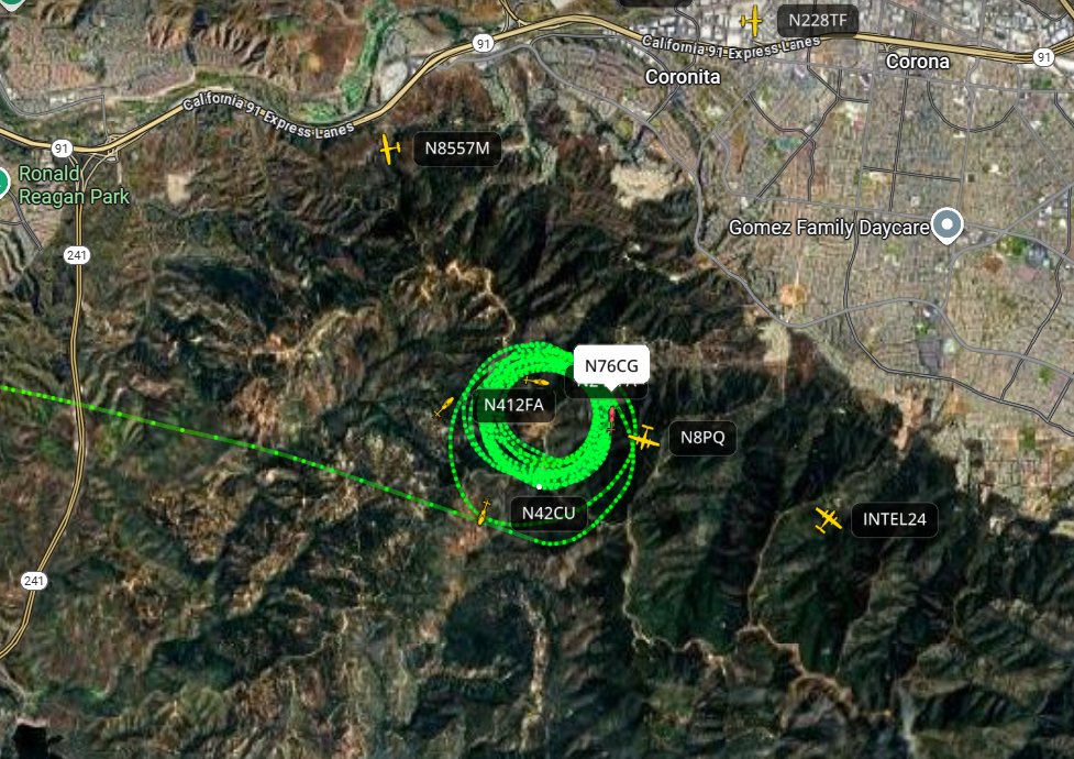 StarFire  at a comms tower and is currently holding up in the grass area on top of the little plateau. Air attack cancelling incoming air resources.  Black Star Canyon Rd near North Main Divide above Corona