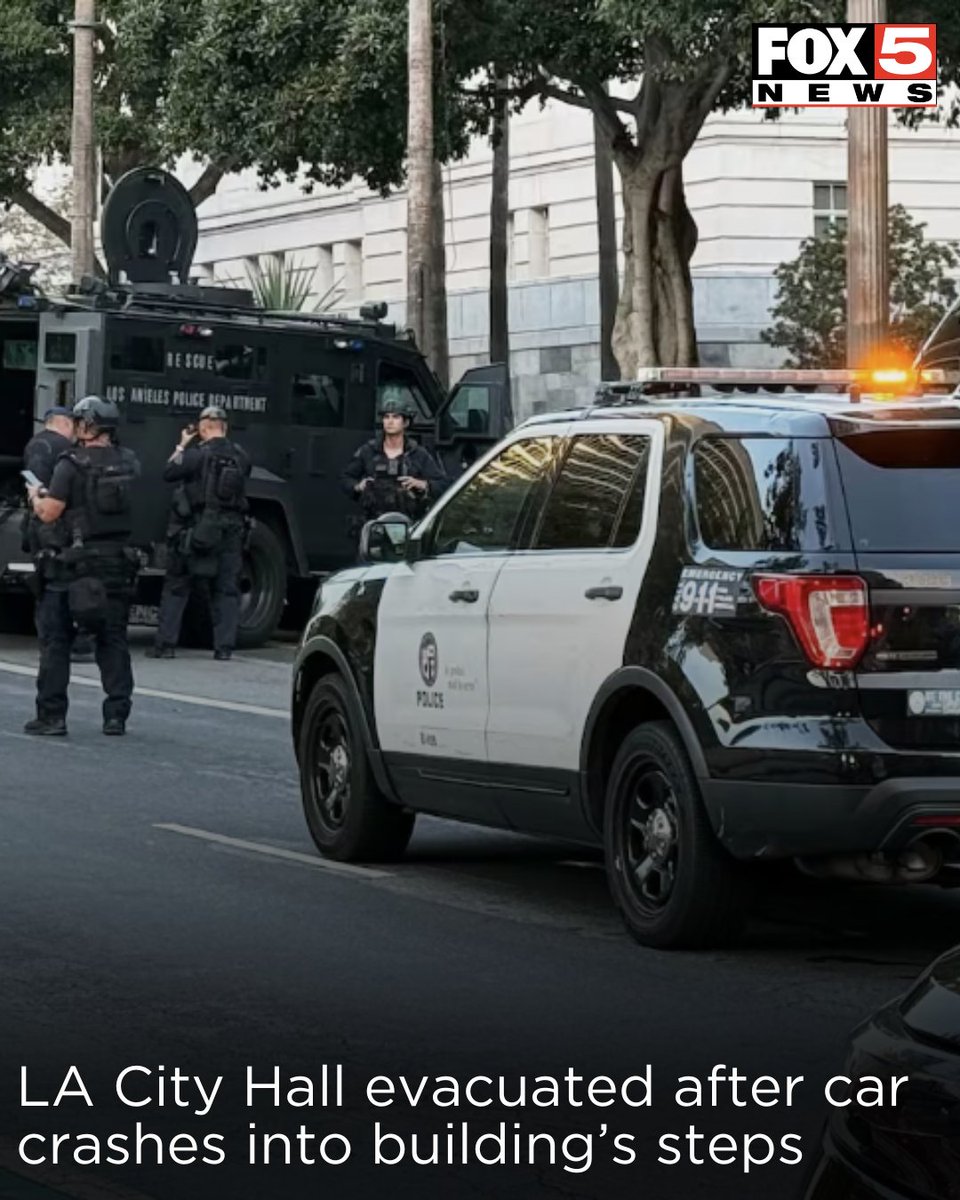Los Angeles’s City Hall was evacuated after a car crashed into the steps of the building and the driver was later taken into police custody, officials said.
