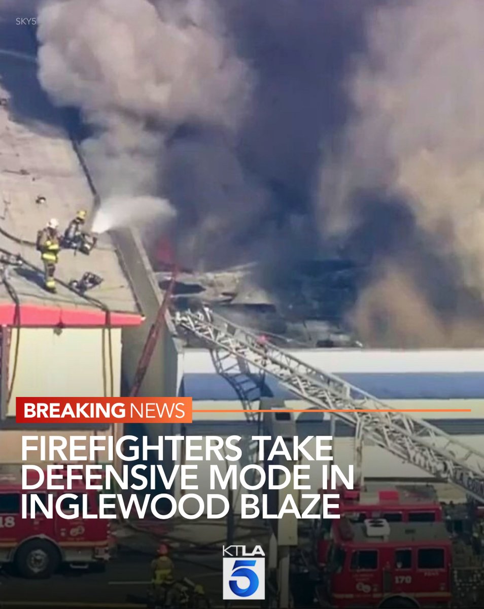 A massive blaze at a commercial building in Inglewood has forced firefighters to take a defensive mode Friday morning.