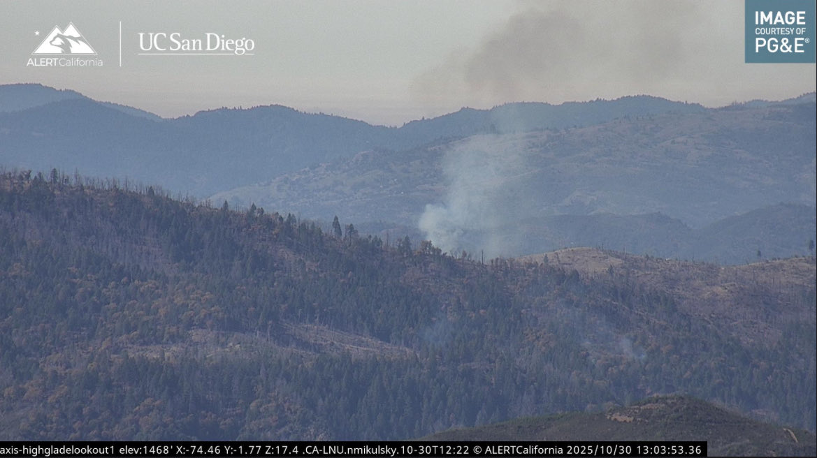 Elk Mountain Road near West Fork Middle Creek, Upper Lake (Lake County) Time of Dispatch: 12:11 p.m.   Oct. 30, 2025 Initial Report on Conditions: The fire is approximately 1.5 acres, moving uphill. Ground crews continue making