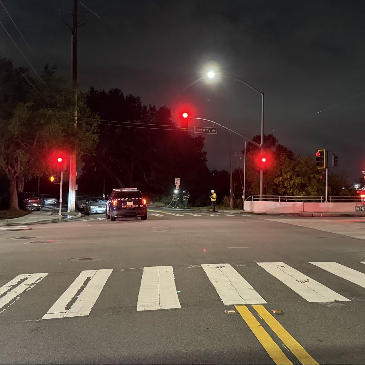 SJFD firefighters are responding to a gas leak at the intersection of Foxworthy Ave and Old Almaden Rd. Vehicle went off road and struck a gas line. PG&E on scene. Intersection shut to pedestrians and vehicles in all directions.  