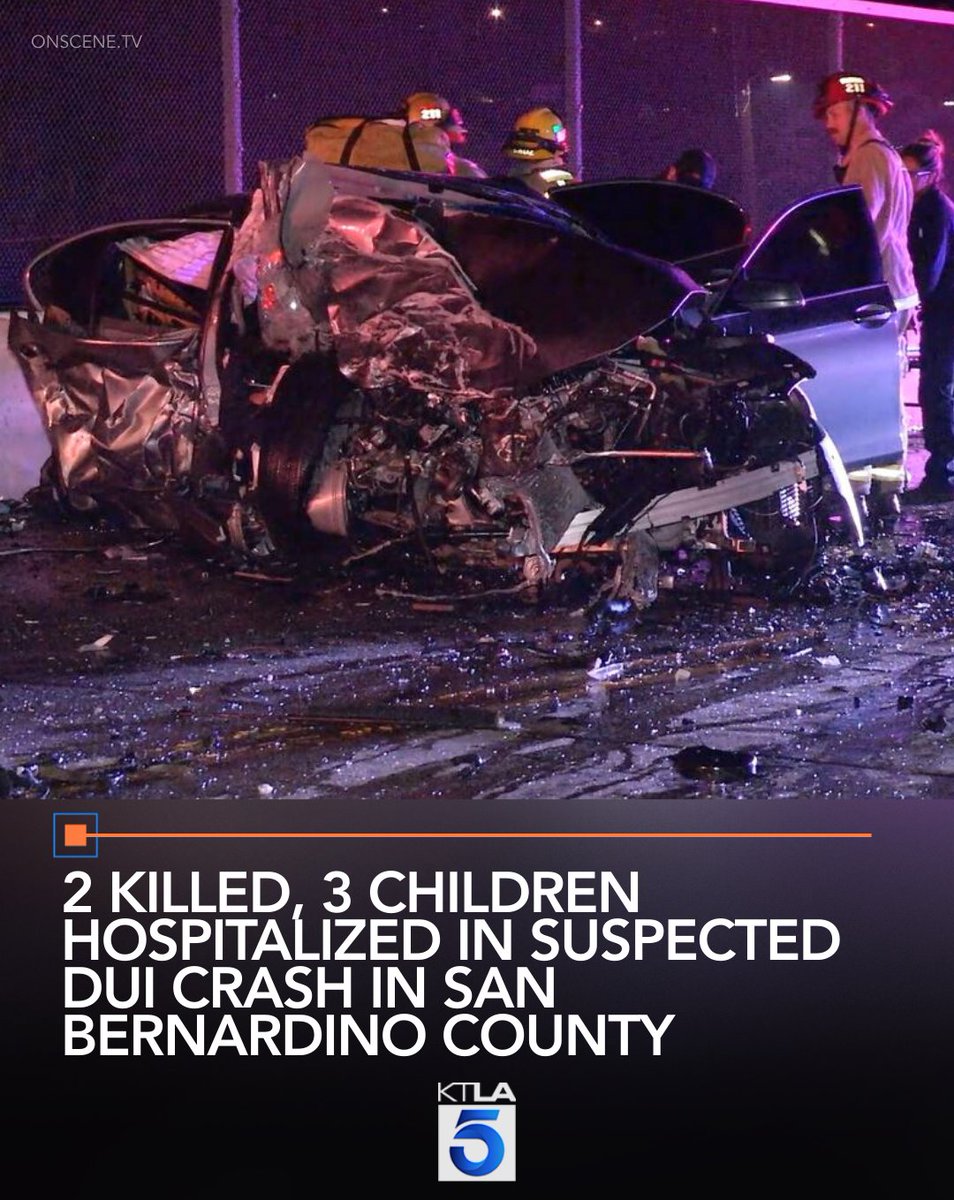 Two people were killed and three children were hospitalized after a suspected DUI crash in San Bernardino County