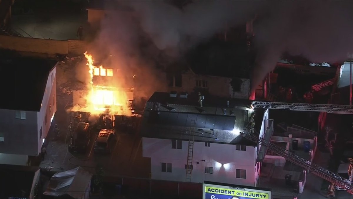 Firefighters are battling a structure fire in West L.A. Sky5 is overhead.